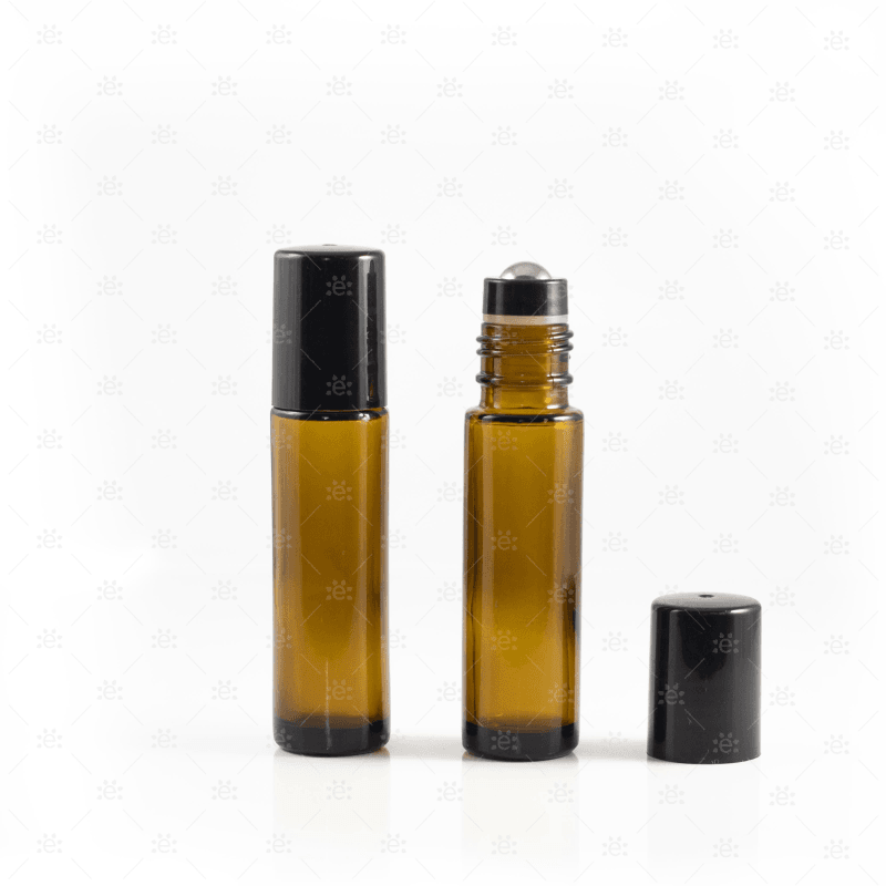 10Ml Amber Glass Roller Bottle With Black Lid & Premium Stainless Steel Rollerball