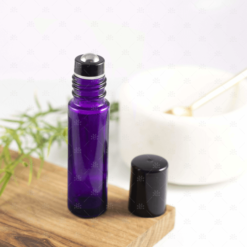 10Ml Purple Glass Roller Bottle With Black Lid & Premium Stainless Steel Rollerball - 5 Pack (New