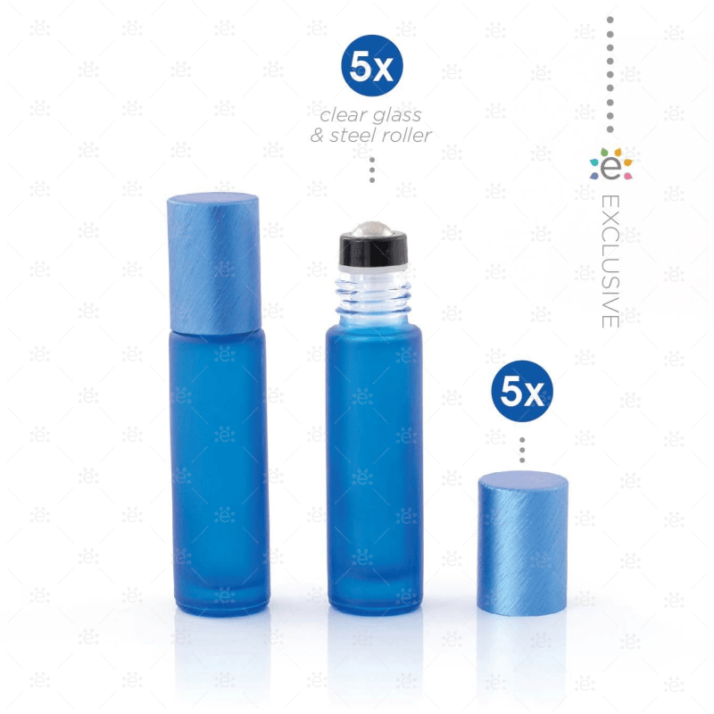 Deluxe Frosted 10Ml Blue Roller Bottles With Metallic Caps & Premium Rollers (5 Pack) Glass Roller
