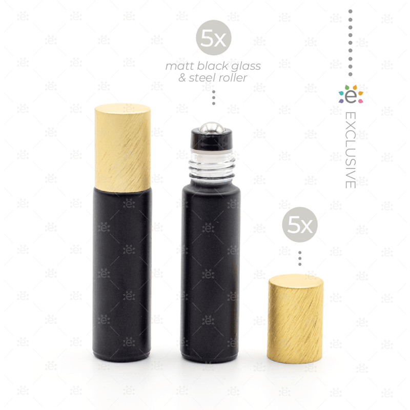 Deluxe Matte 10Ml Black Roller Bottles With Gold Metallic Caps & Premium Rollers (5 Pack) Glass